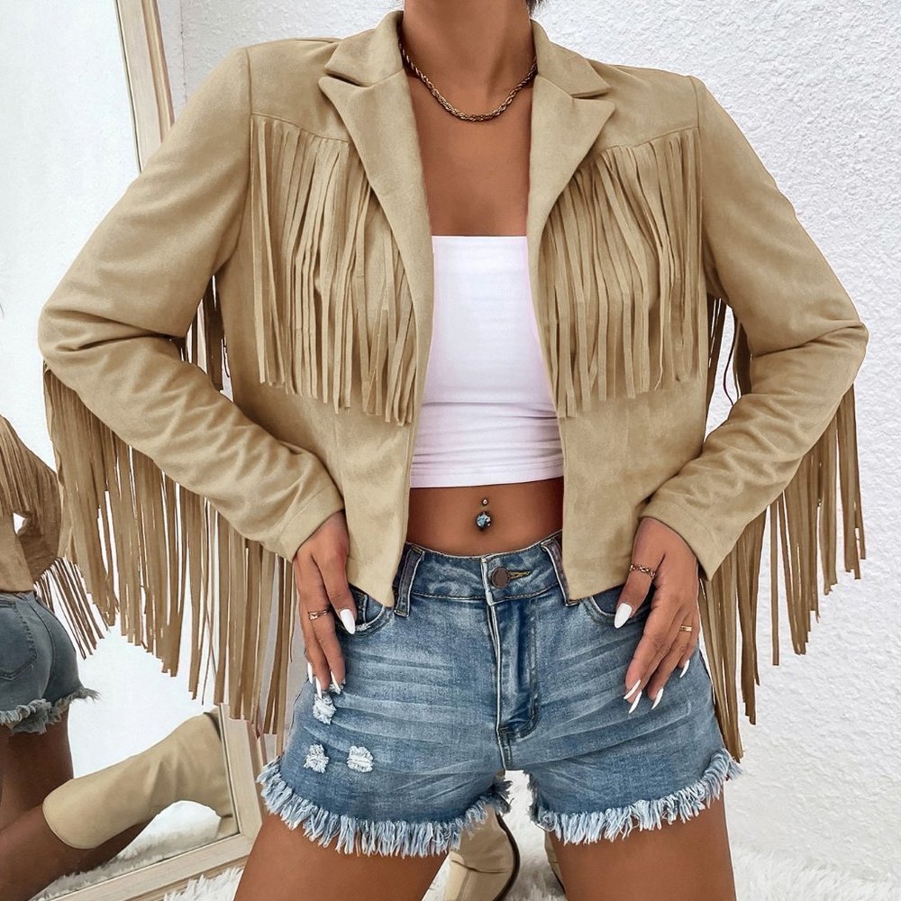 Boho Fringe Trim Open Front Jacket tan - Picture 2 of 5